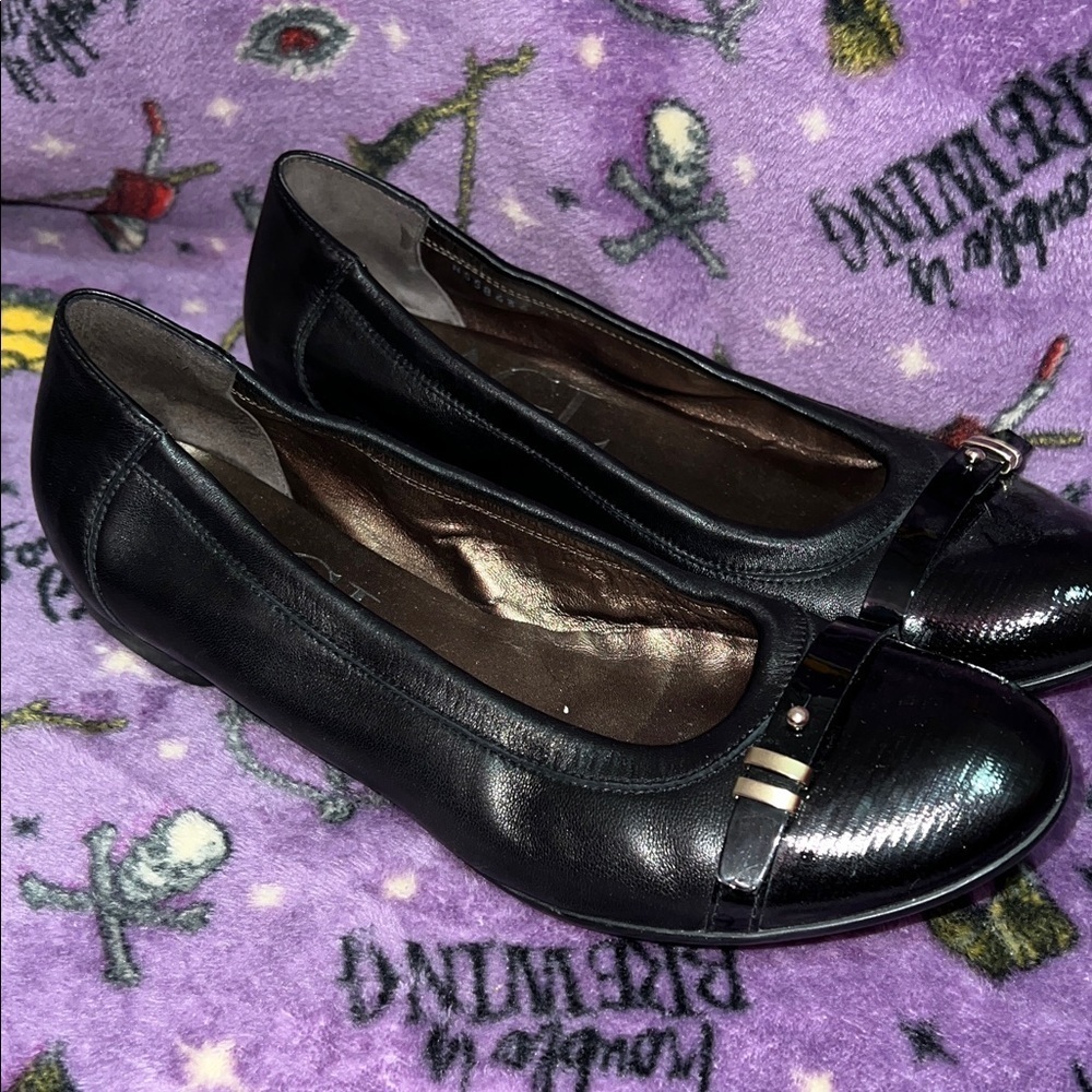 AGL Black Leather Flats with Patent Toe Size 41